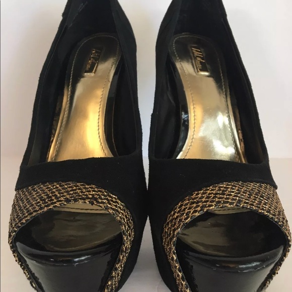 Wild Pair black suede gold mesh peep toe heels 7.5 - Picture 5 of 8